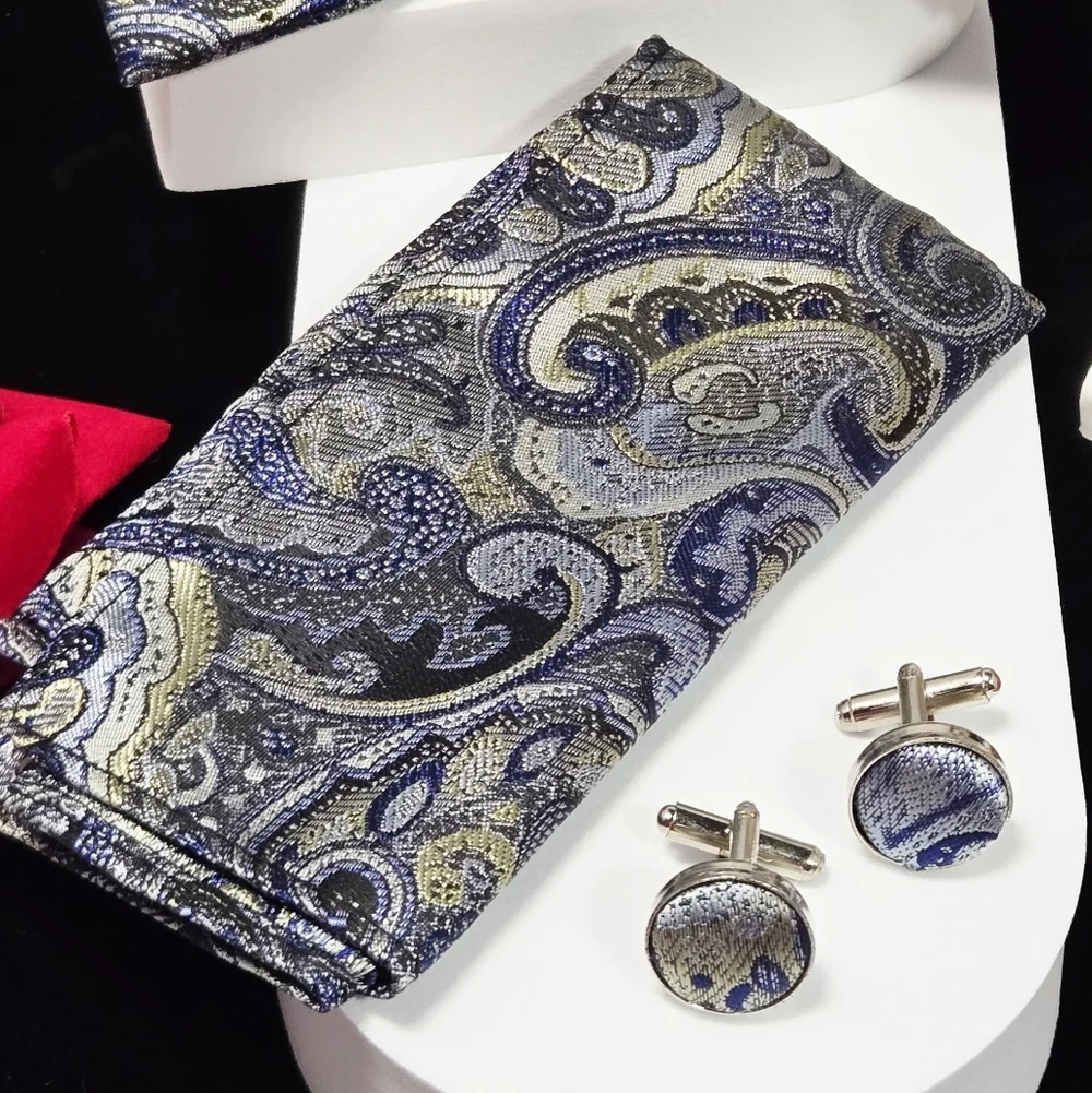 Silver Blue Paisley Bow Tie Pocket Square & Cufflinks Set – Wedding Prom Tux 4pc